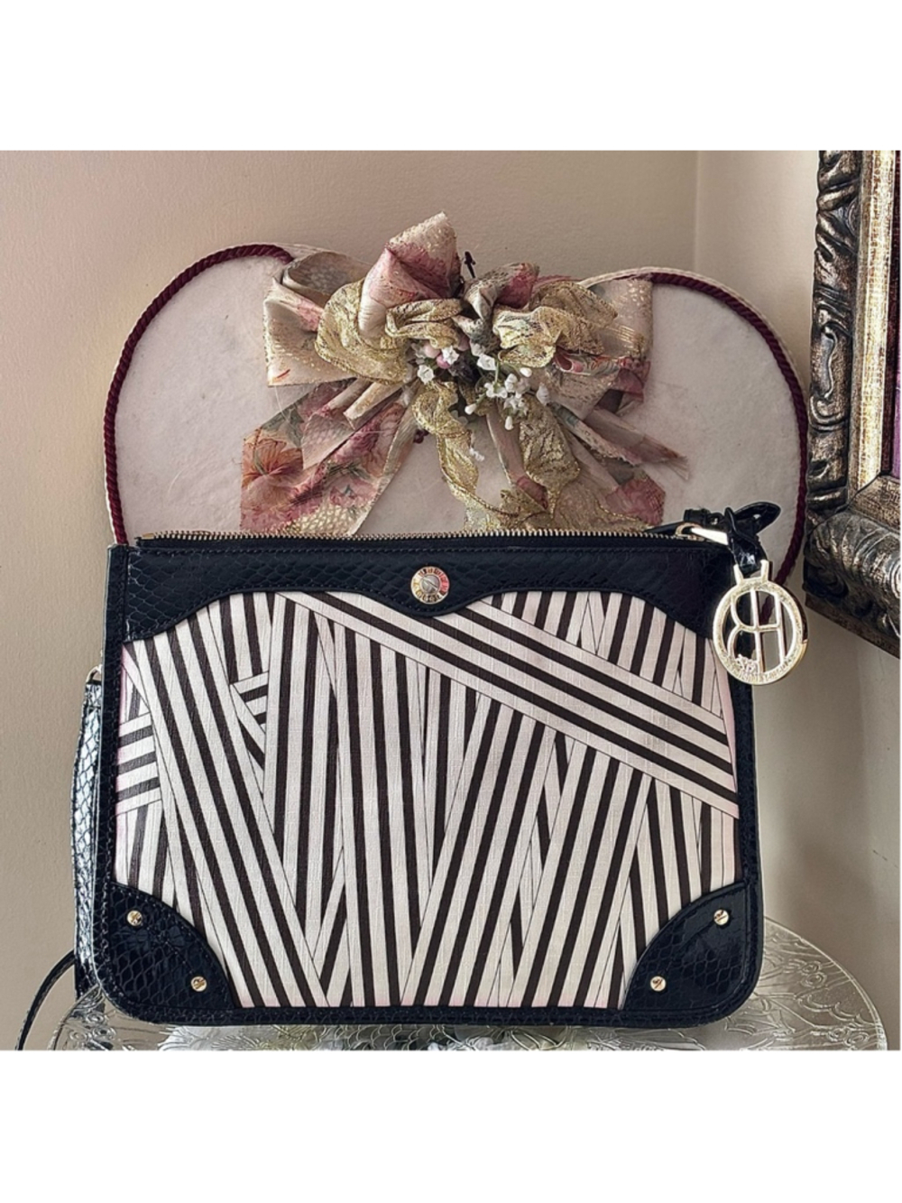 HENRI BENDEL AUTHENTIC CENTENNIAL DISTURBED STRIPED BLACK AND WHITE BAG WITH COA
